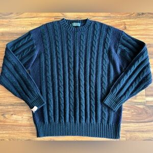 Greenwich 100% Wool Men’s Cable Knit Pullover Sweater XL Navy Blue Green Jumper